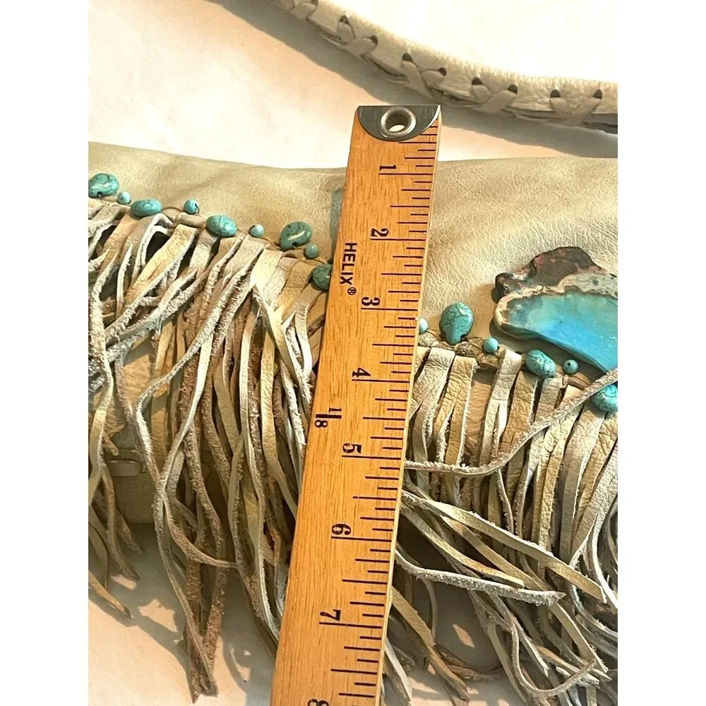 Vintage 1980s Fringe Buffalo Leather & Turquoise Shoulder Handmade Bag Boho